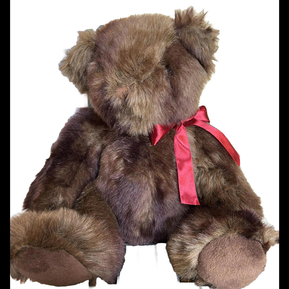 🐇Brown Faux Fur Plush Bear Sits 11” Tall Red Ribbon